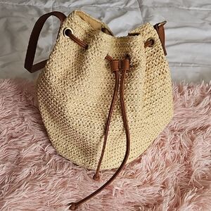 Montce Cream Straw Drawstring Bucket Bag with Brown Trim